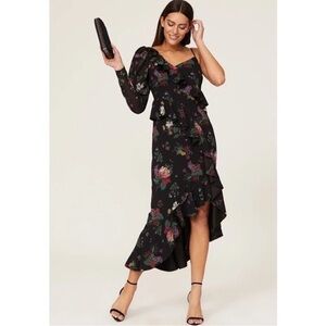 AMUR Pasqualena Black Floral  Asymmetrical Puff Sleeve Cocktail Dress